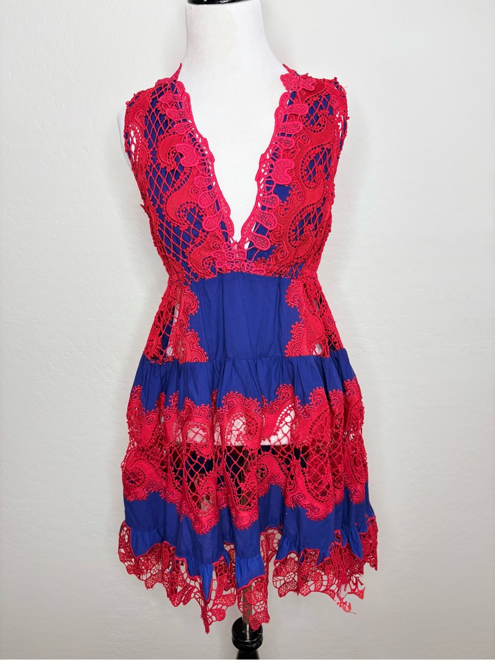 Antica Sartoria Positano Blue Red Crochet Lace Deep V Boho Dress Cover One Size
